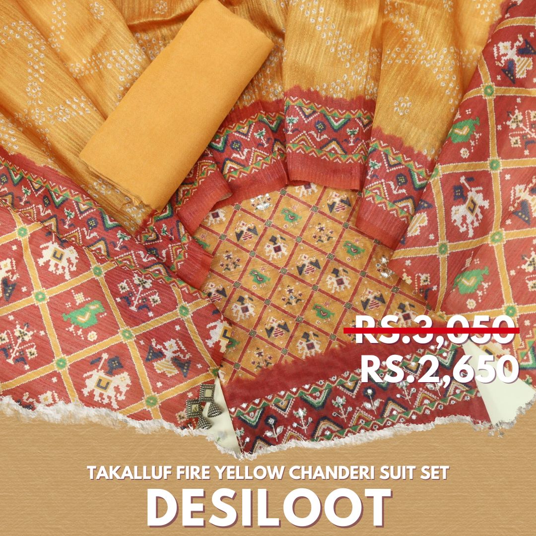 Takalluf Fire Yellow Patola Printed Chanderi Top With Chanderi Dupatta