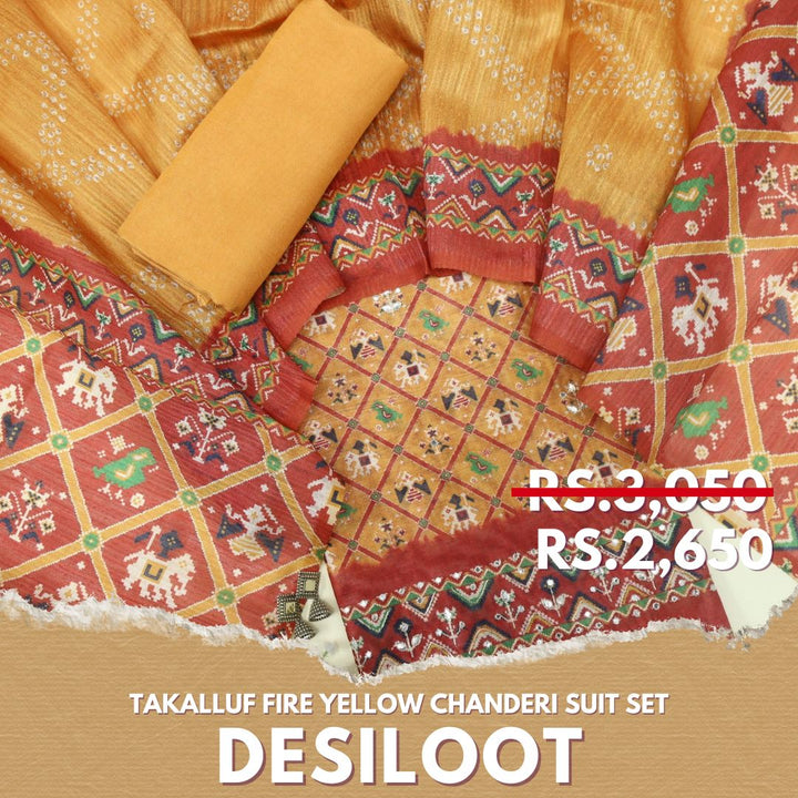 Takalluf Fire Yellow Patola Printed Chanderi Top With Chanderi Dupatta