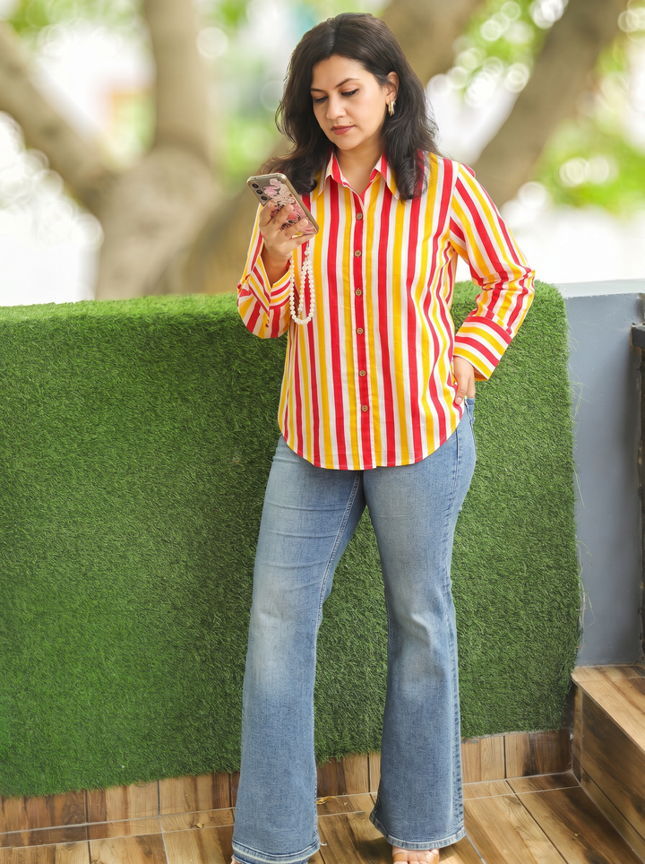 Leher Red Yellow Leheriya Print Wood Button Cotton Shirt