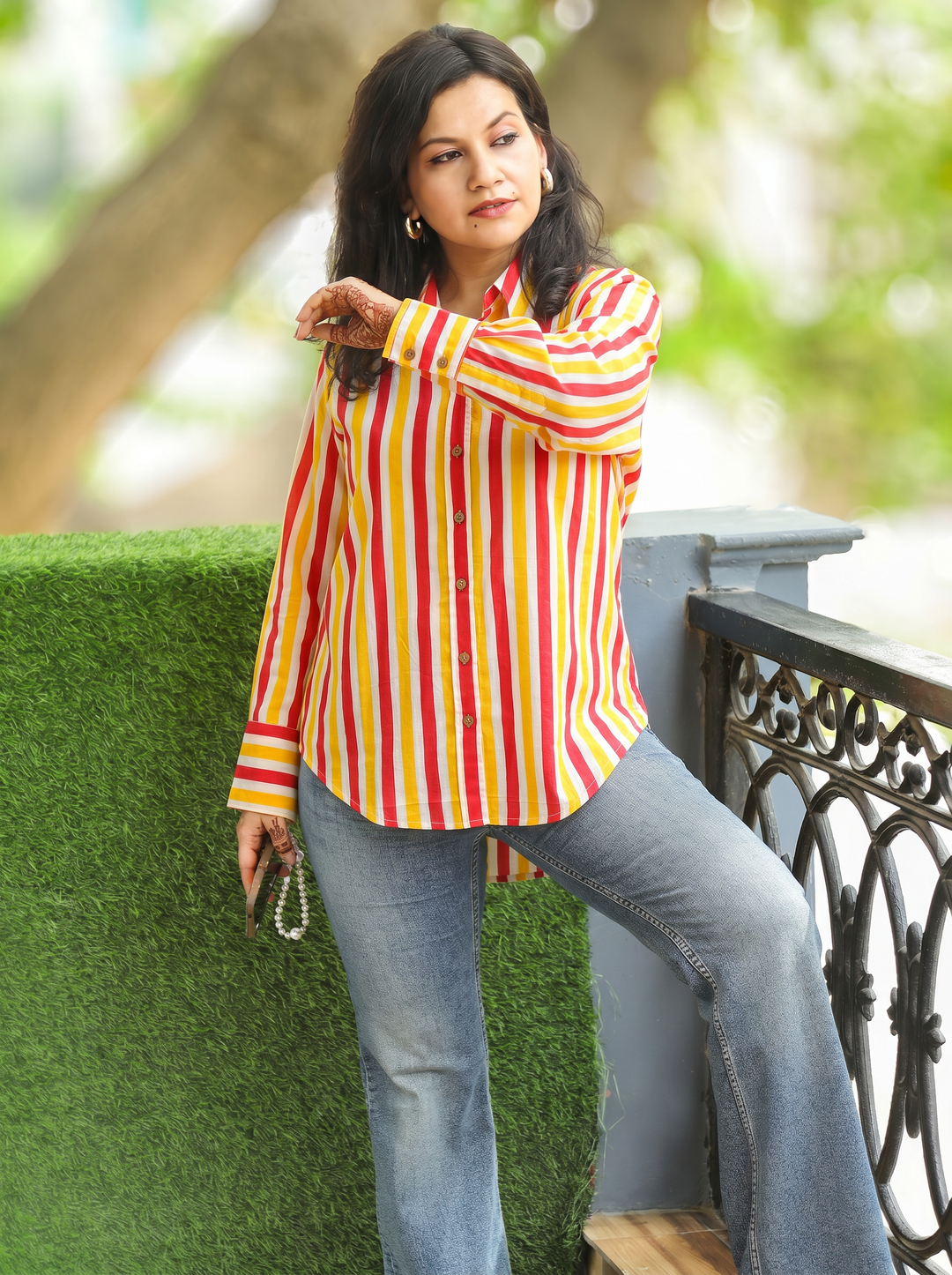 Leher Red Yellow Leheriya Print Wood Button Cotton Shirt
