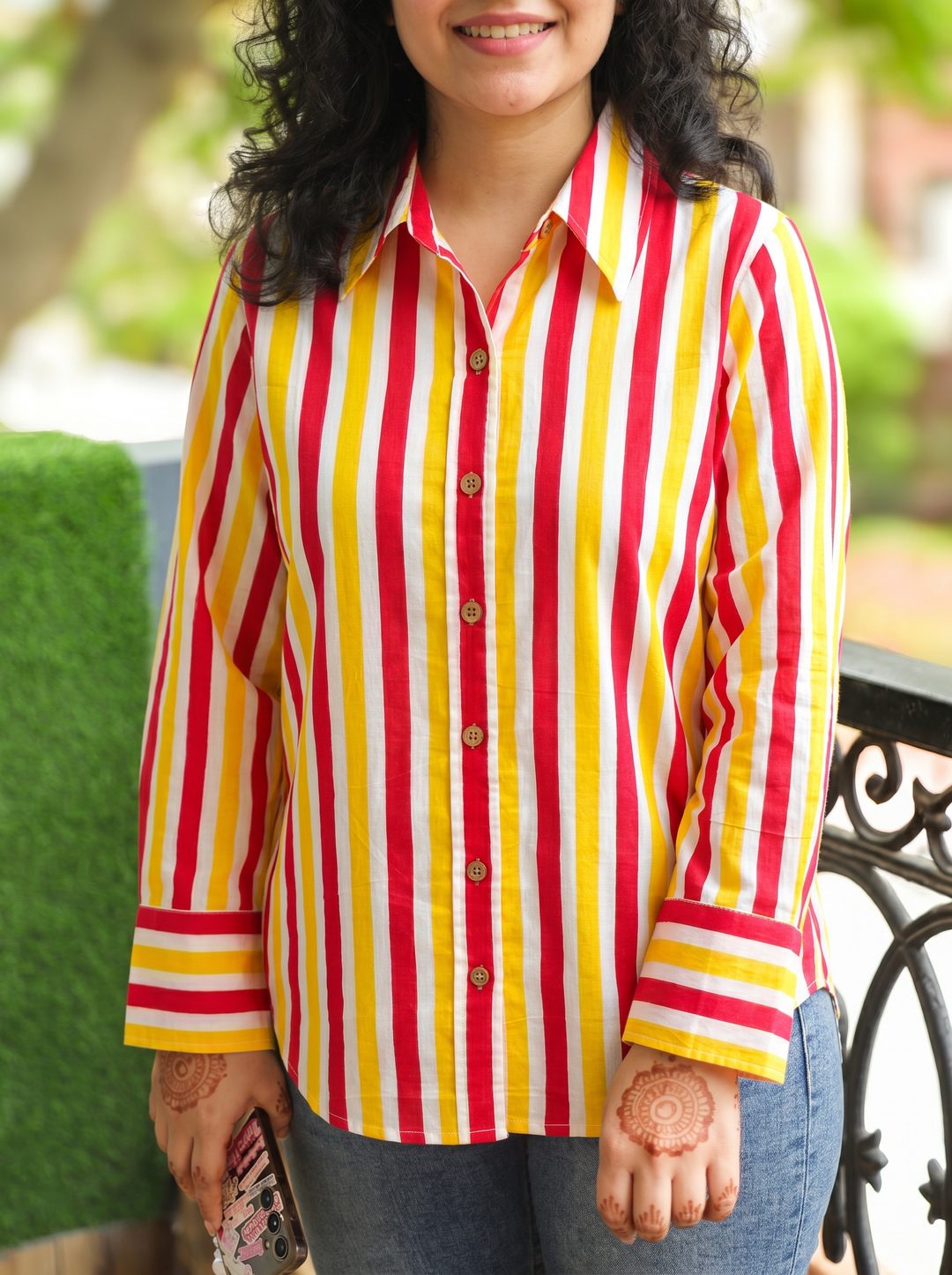 Leher Red Yellow Leheriya Print Wood Button Cotton Shirt