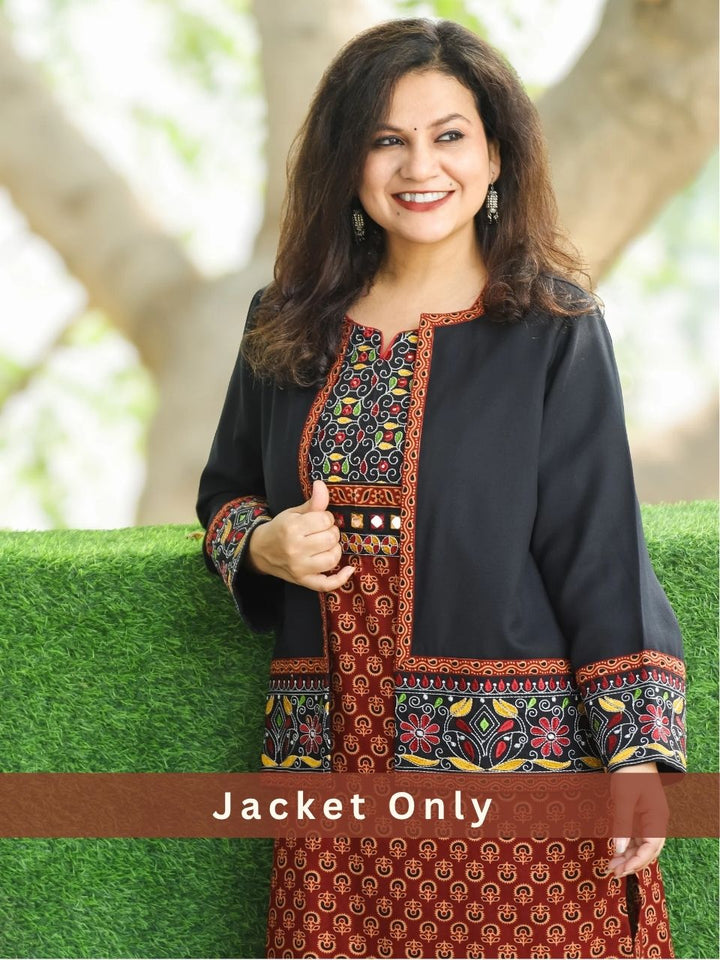 Sejal Black Round Neck with Embroidered Hem and Sleeve Semi Pashmina Jacket