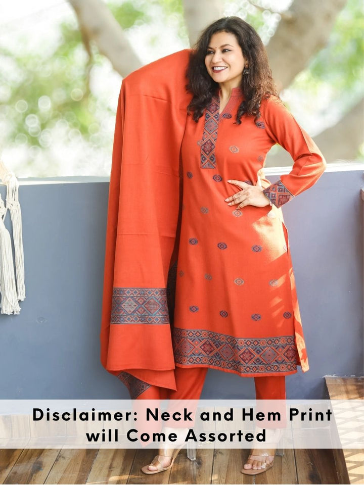 श्रीजा Rust Orange Ban Collar Kullu Thread Weaved Semi Pashmina Winter 3 Piece Set