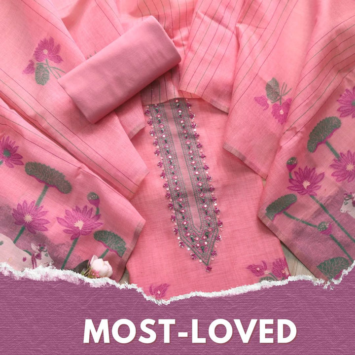 Rubaaroo Flamingo Pink Thread with Pichwai Jamdani Weaved Suit Set