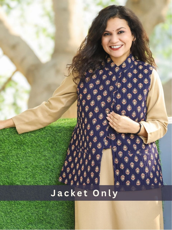 Sejal Indigo Blue Ban Collar Gujjri Printed Quilted Cotton Jacket with Pocket