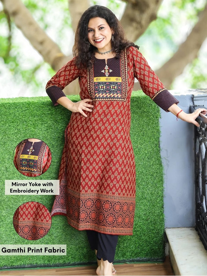 Mohini Barn Red Kutch Mirror Yoke with Embroidery Work Gamthi Print Cotton Kurti-D2