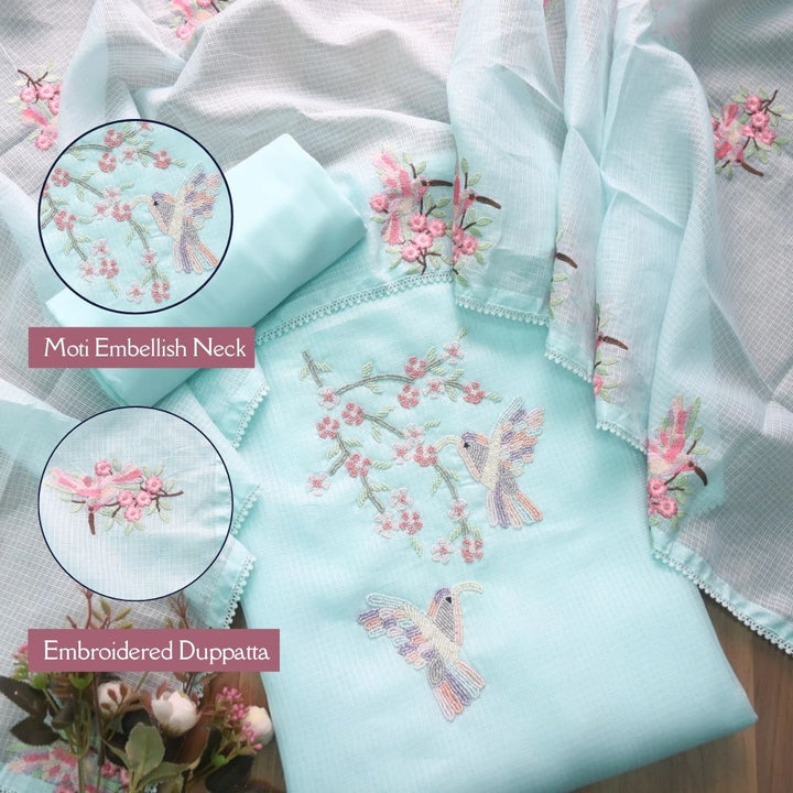 Neelbarri Baby Blue Bird Style Moti Work Neck Kota Doriya Suit Set