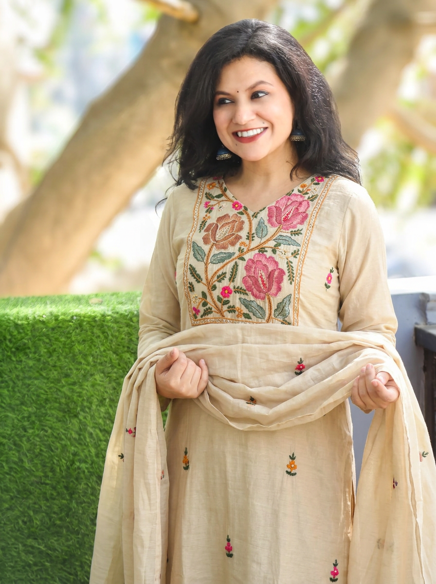 Navira Champane Beige Kolkata Hand Embroidered 3 Piece Set