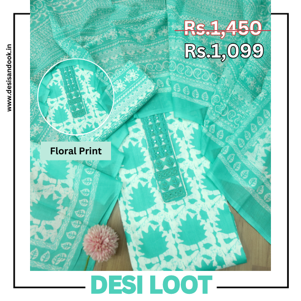 Ulfat Sea Arctic Blue Patch Lace Work Floral Printed Cotton Suit Set