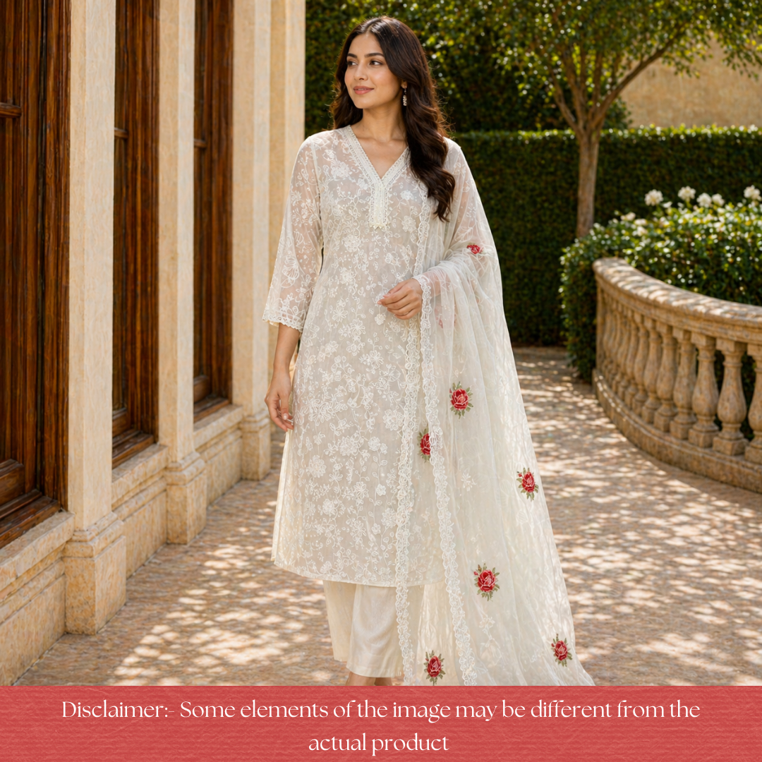 Julia Pearl White Thread Embroidered with Kardana Chinon Set