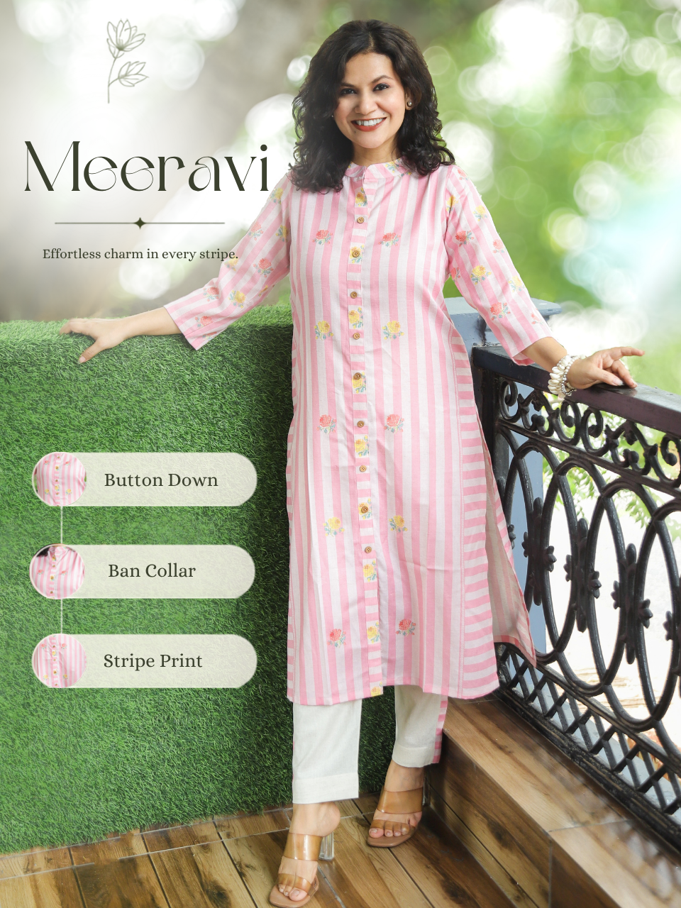 Meeravi Pink White Stripe Print Cotton Linen Co-ord Set