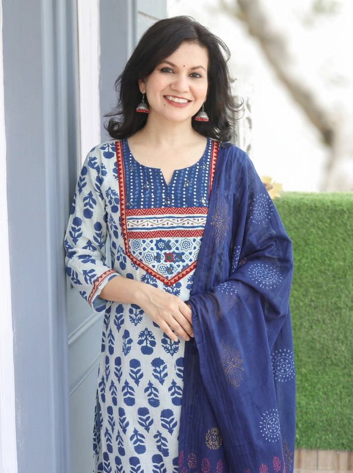 Muskaan Iced Indie Blue Dabu Printed 3 Piece Set