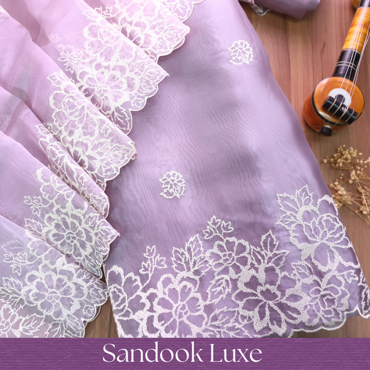 Ragini Purpleish Grey Cross-Stitch Hem Work Glass Organza Set