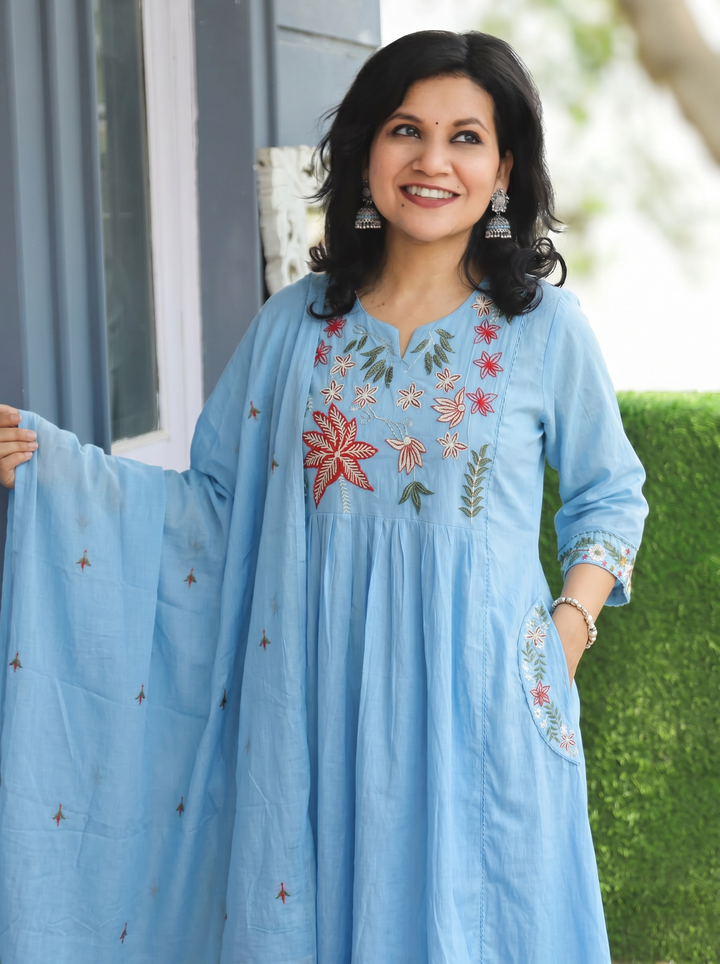 Shiwangi Iced Stone Blue Embroidered Mul Cotton 3 Piece Set