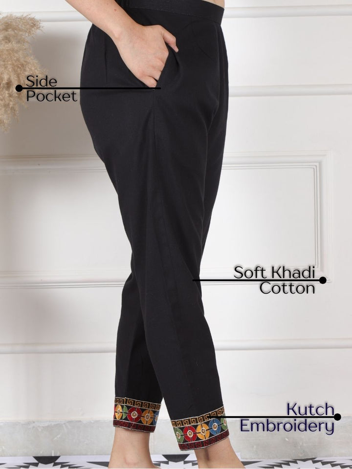 Ebony Black Kutch Embroidery Hem Cotton Flex Trouser-D1