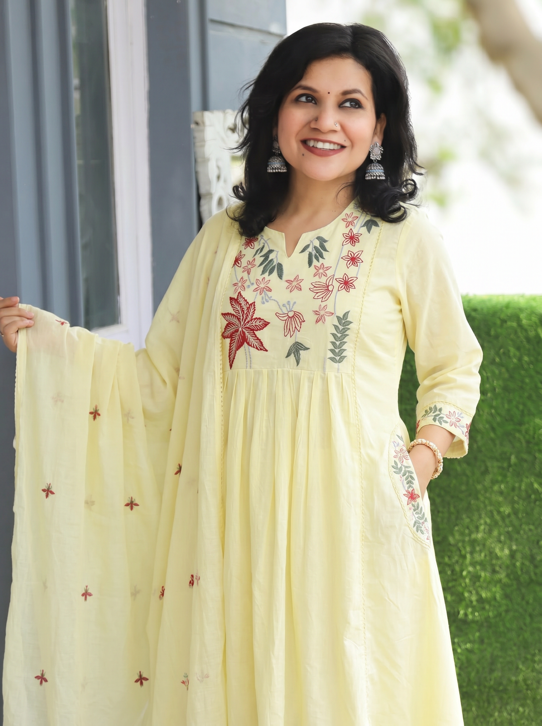 Shiwangi Butter Yellow Blue Embroidered Mul Cotton 3 Piece Set
