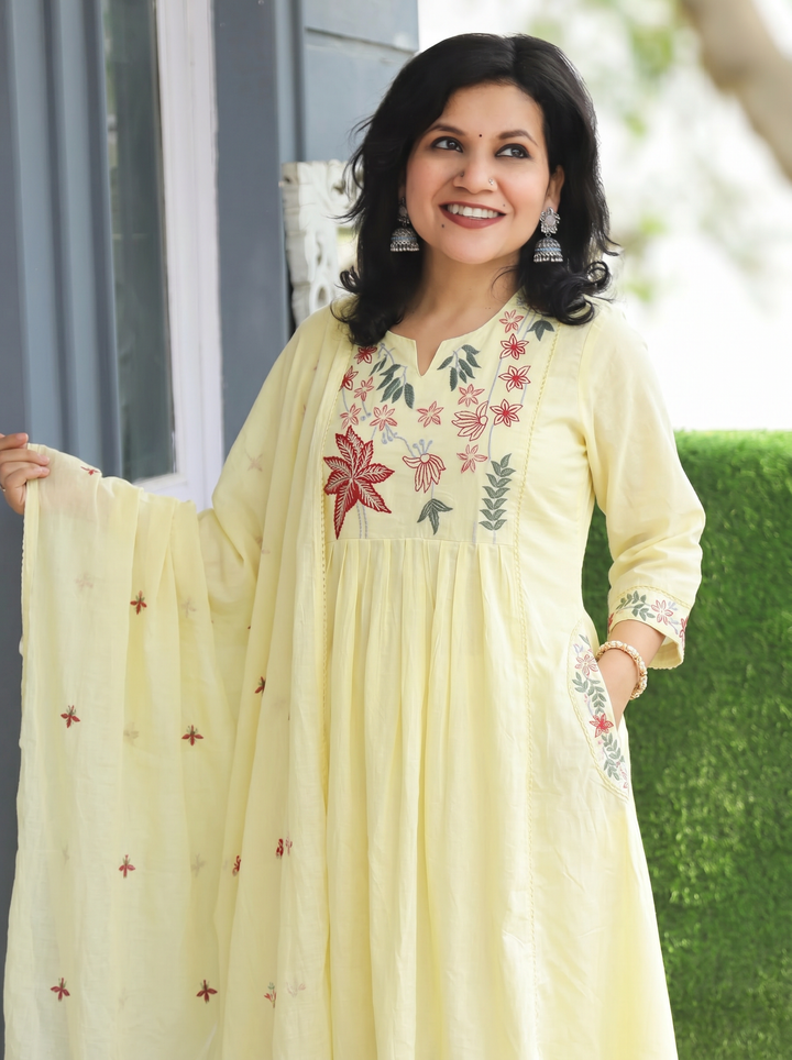 Shiwangi Butter Yellow Blue Embroidered Mul Cotton 3 Piece Set
