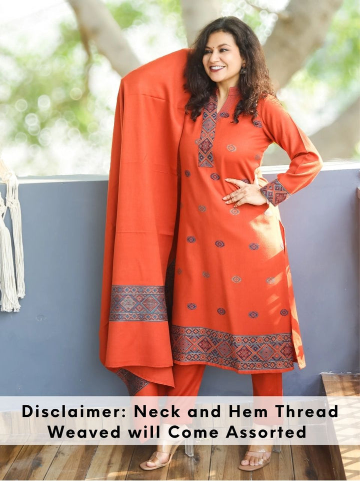 श्रीजा Rust Orange Ban Collar Kullu Thread Weaved Semi Pashmina Winter 3 Piece Set