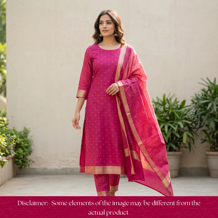Saheli Magenta Pink Golden Ikkat Weaved Tussar Chanderi Silk Set