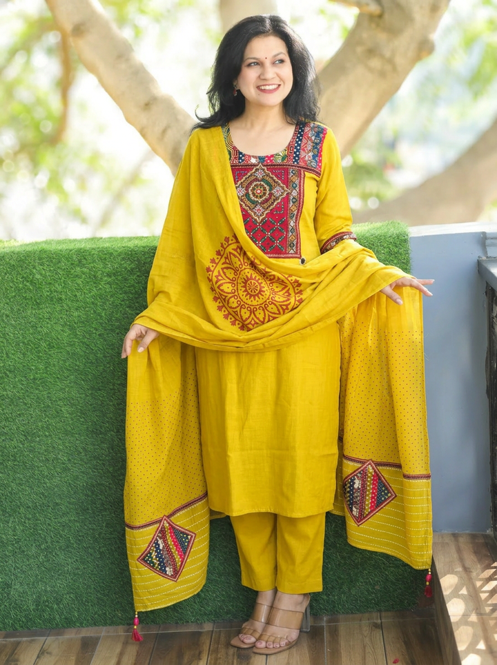Arya Haldi Yellow Kutch embroidery Modal 3 Piece Set