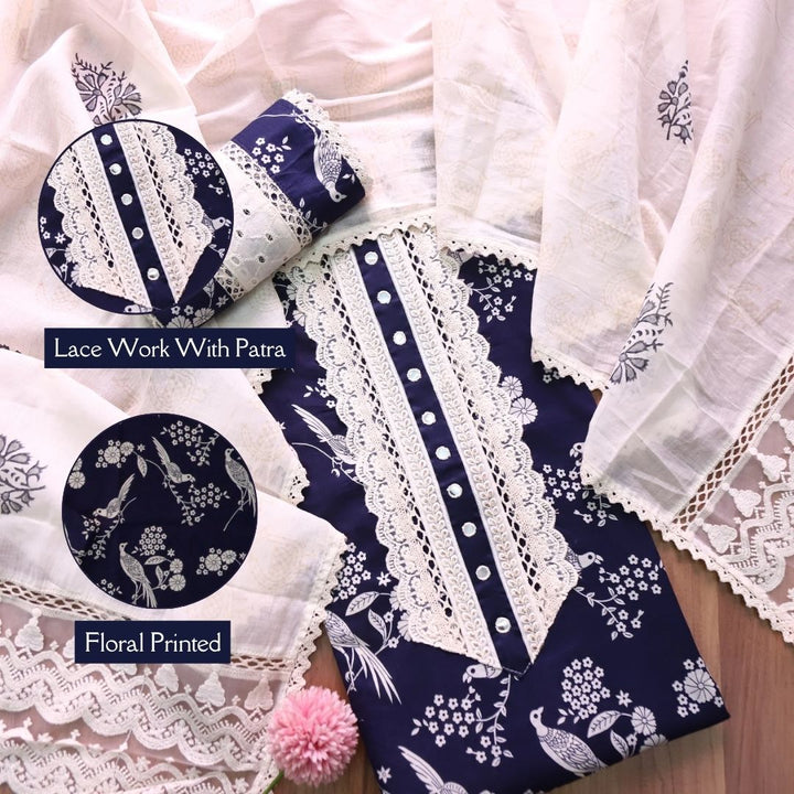 Khuda Navy Blue Lace Work with Patra Work Floral Printed Cotton Suit Set