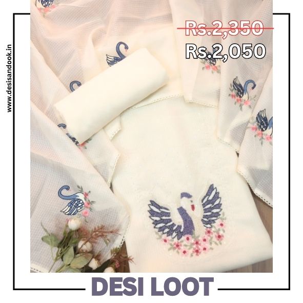 Sadhgi Cream White Moti Work On Neck in Bird Style Kota Doriya Suit Set
