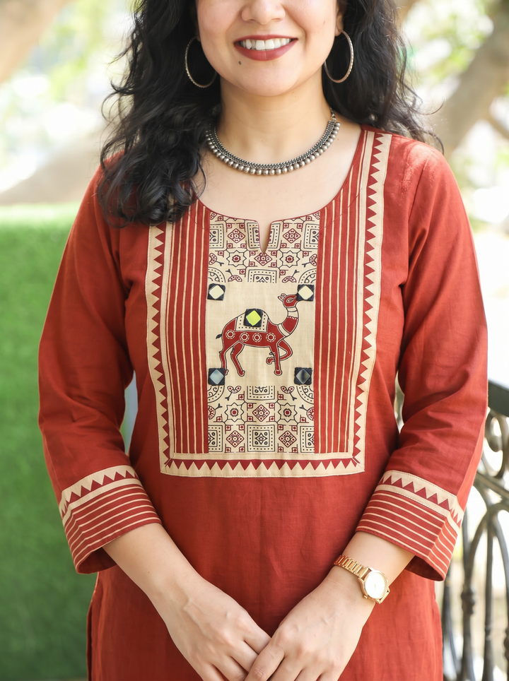 Megha Barn Maroon Mirror Work Camel Yoke Cotton Kurti