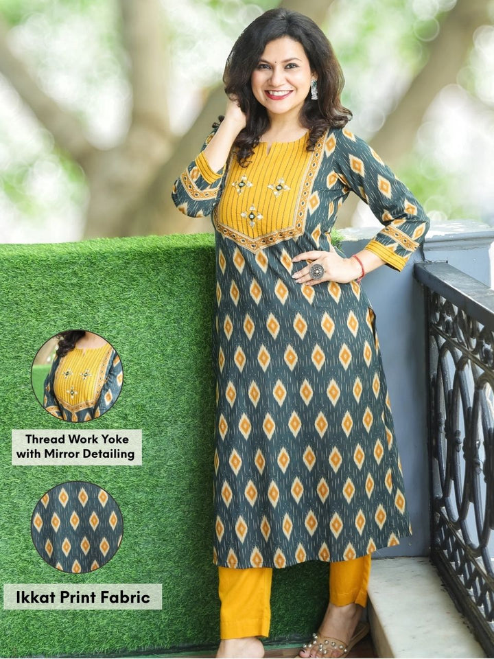 Ragini Pine Green Thread Work Yoke with Mirror Detailing in Ikkat Printed Cotton Kurti