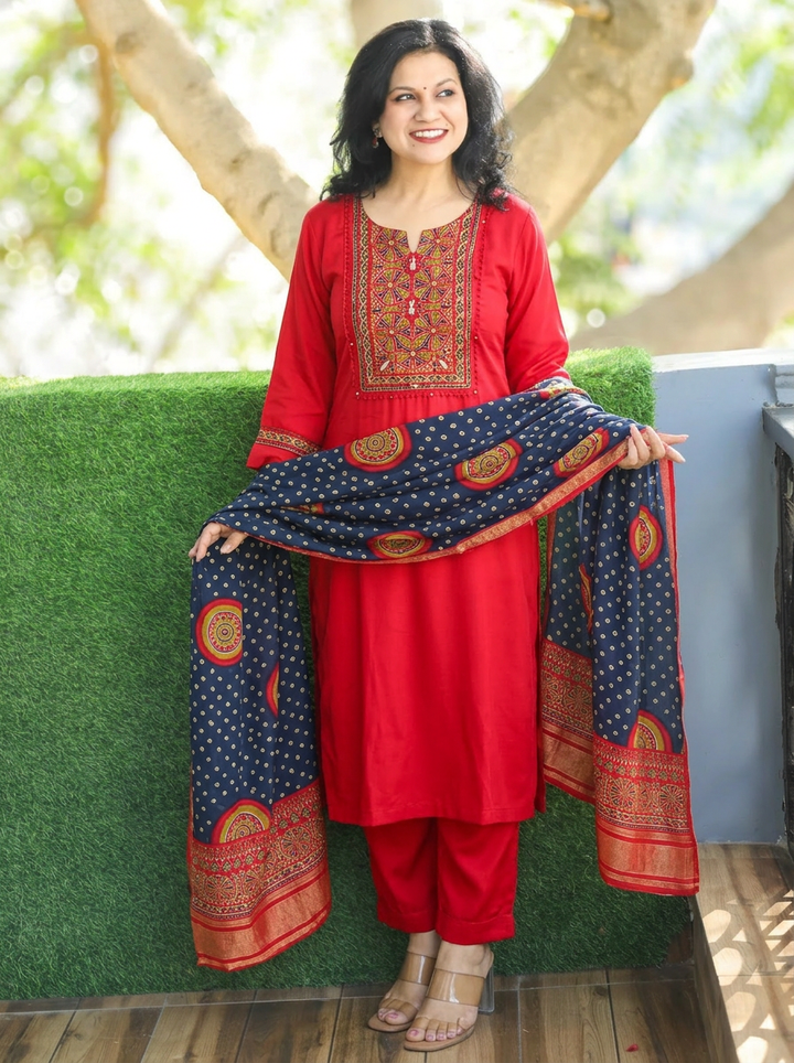 Khusboo Bride Red Mirror Printed Yoke Gajji Silk Set
