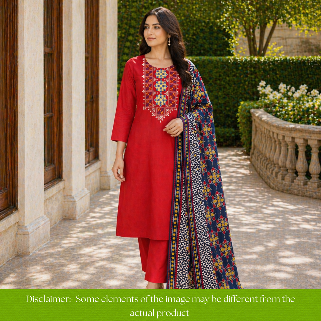 Ruvi Red Thread Embroidered Neck Work Cotton Rayon Set