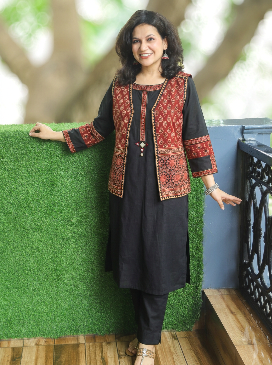 Sanjj Ebony Black Co-ord Set with Gamthi Print Jacket