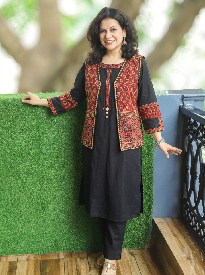 Sanjj Ebony Black Co-ord Set with Gamthi Print Jacket
