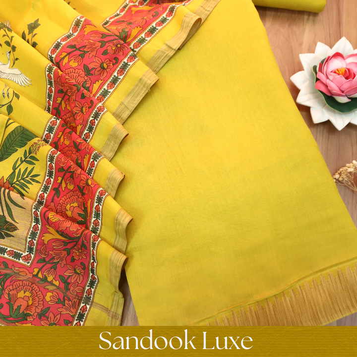 Pulvi Dijon Yellow Temple Style Jute Sleeve Work Maheswari Chanderi Set