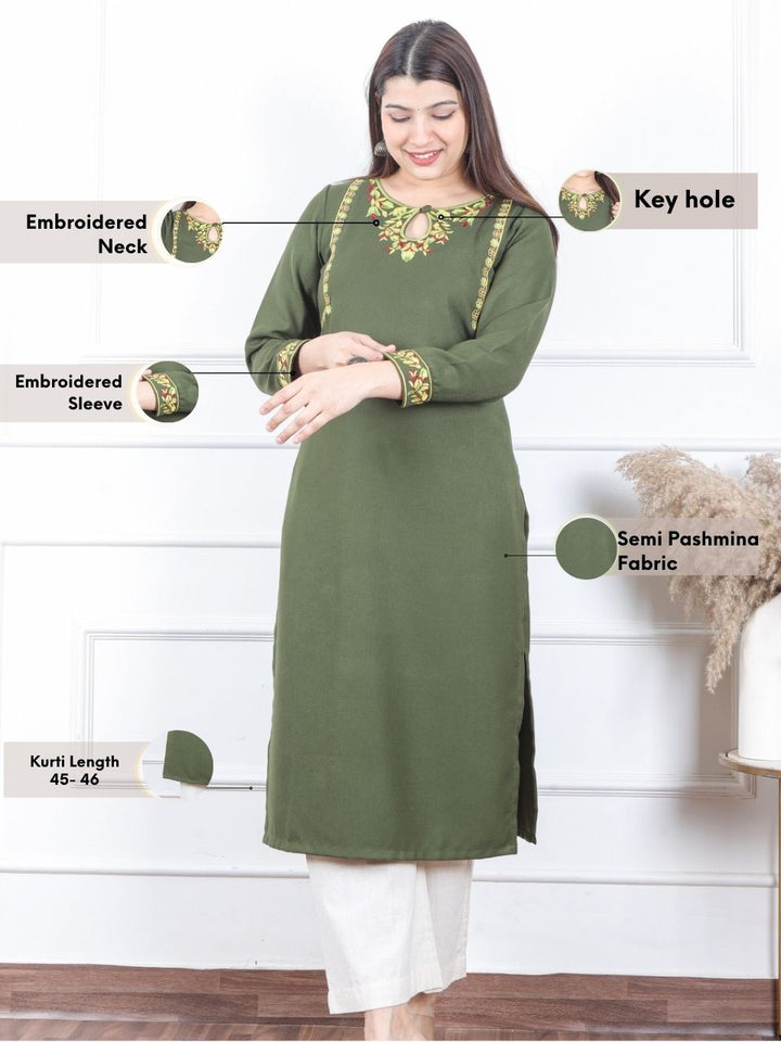 छाया Olive Green Thread Embroidered Neck Semi Pashmina Winter Kurti