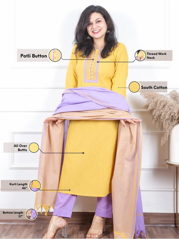 Iktaara Buttermilk Yellow Thread Weaved Handloom Cotton 3 Piece Set