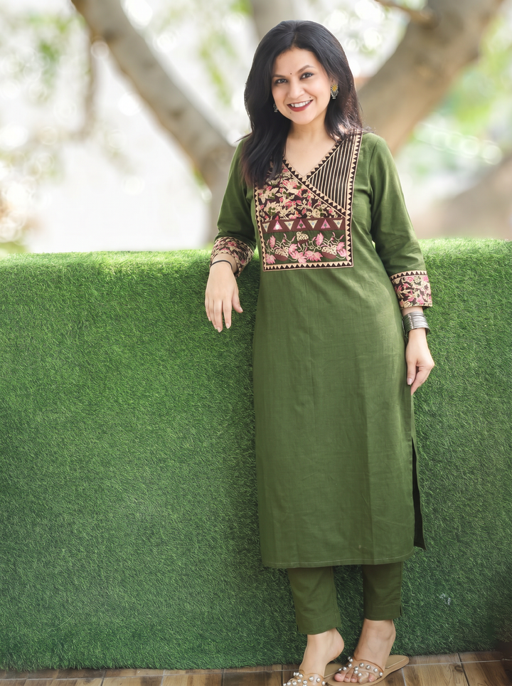 Sayami Green Kalamkari Angrakha Cotton Kurti