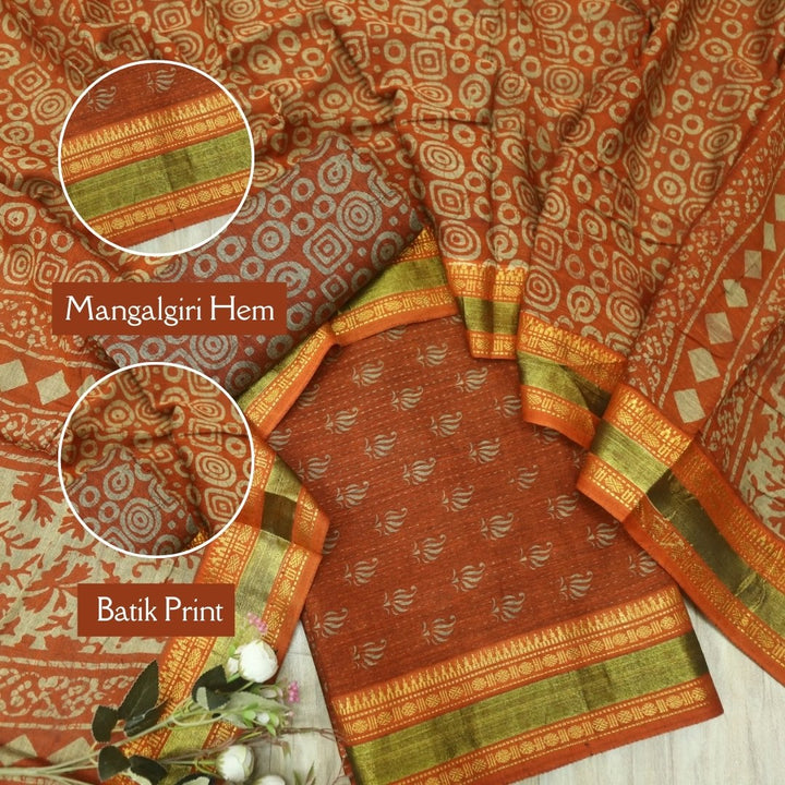 दिपशा Rust Orange Digital Printed Mangalgiri Hem Work Cotton Suit Set