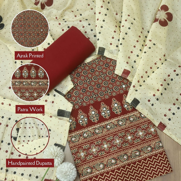 Aayena Berry Red Patra Detailing in Ajrak Printed Cotton Suit Set D2