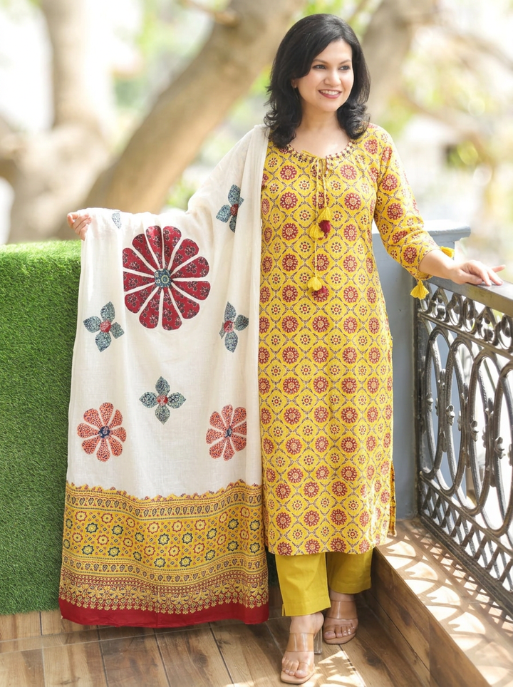 Jessica Dandelion Yellow Ajrak Print Cotton 3 Piece Set