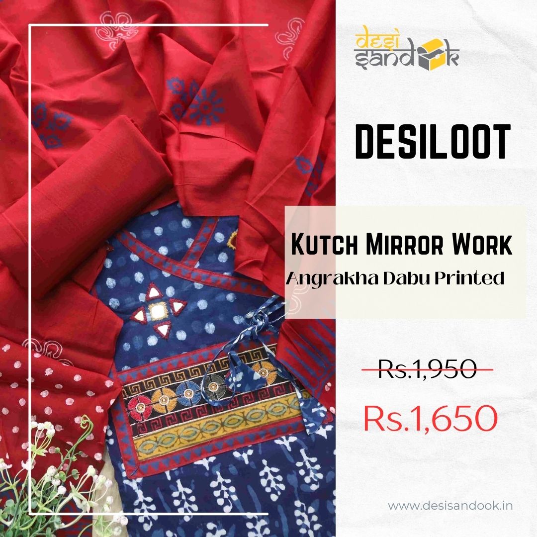 Nazara Indigo Blue Kutch Mirror Work Angrakha Dabu Printed Cotton Suit Set D3