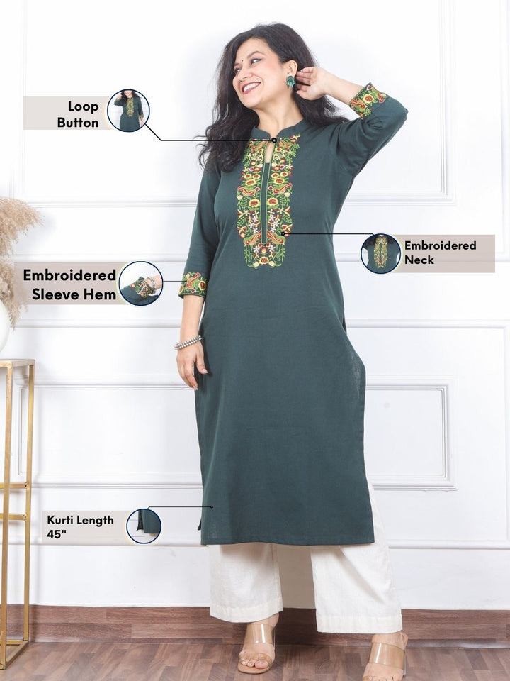 Khawb Pine Green Floral Thread Embroidered Neck Cotton Flex Kurti