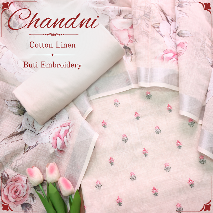 Chandni Shell Beige Thread Floral Buti Work Cotton Linen Suit Set