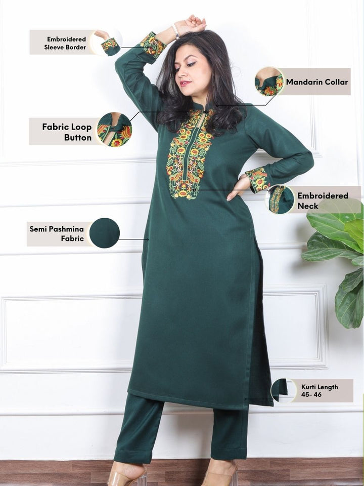 छाया Dark Green Thread Embroidered Neck Semi Pashmina Winter Kurti