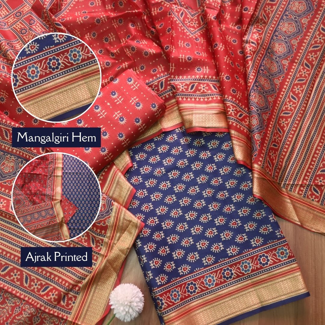 Nandani Denim Blue Buti Printed in Mangalgiri Hem Work Cotton Suit Set