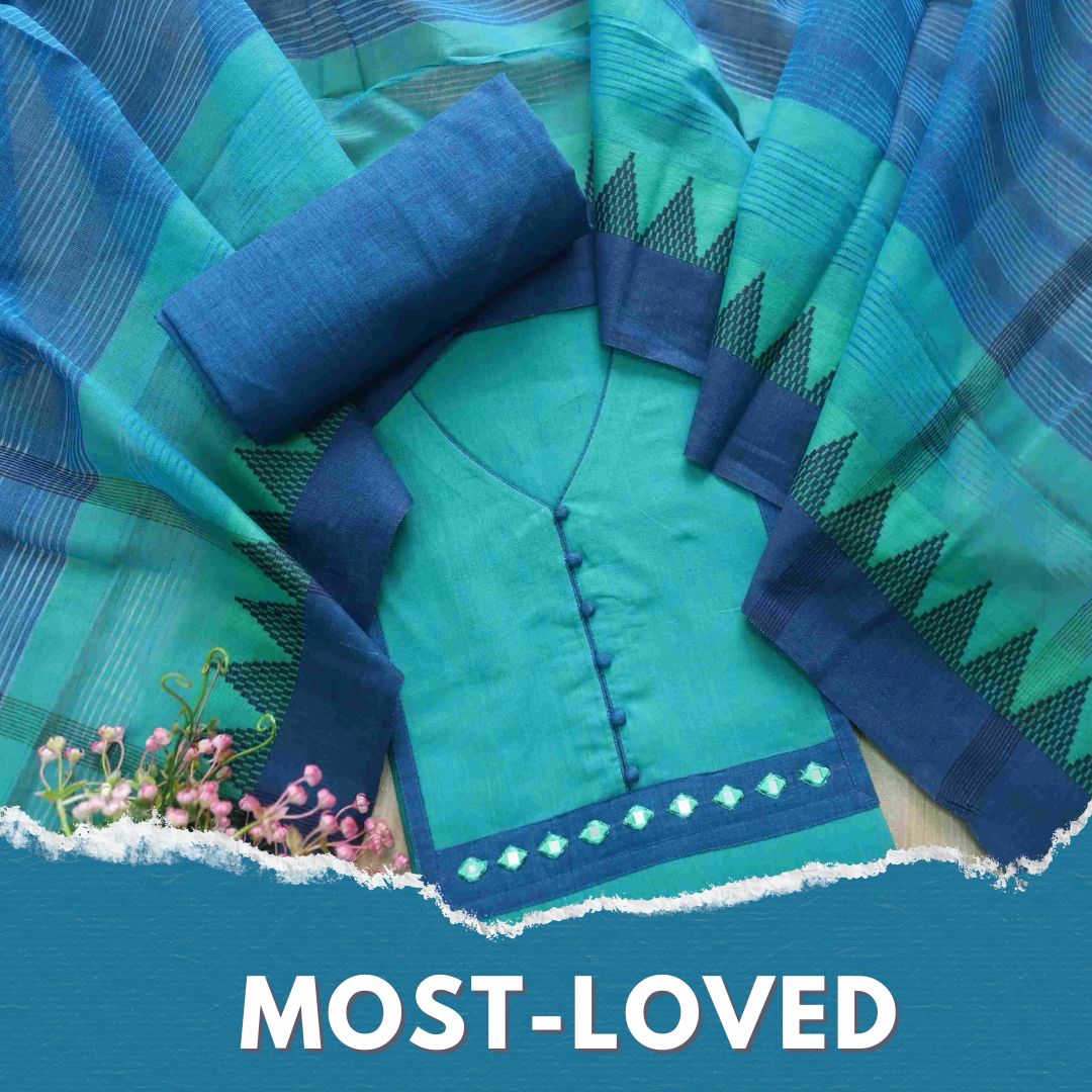 Sanskruti Teal Blue Mirror Work Neck South Cotton Temple Hem Suit Set