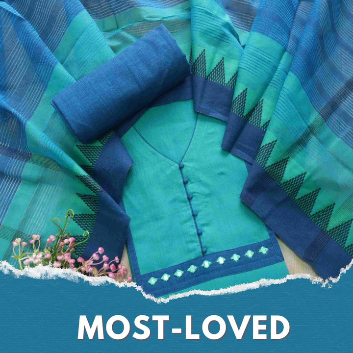 Sanskruti Teal Blue Mirror Work Neck South Cotton Temple Hem Suit Set