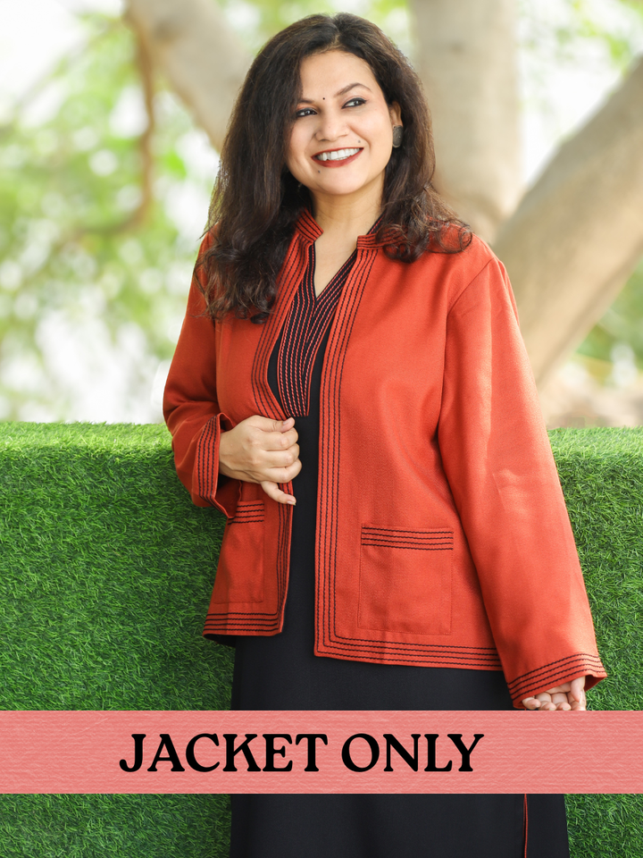 Sejal Rust Orange Ban Collar Running Stitch Semi Pashmina Jacket with Pocket