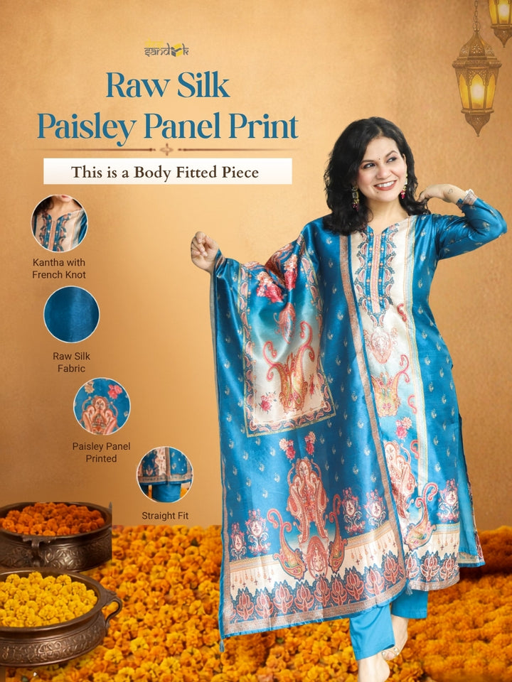 Geet Royal Blue Paisley Panel Printed Raw Silk 3 Piece Set