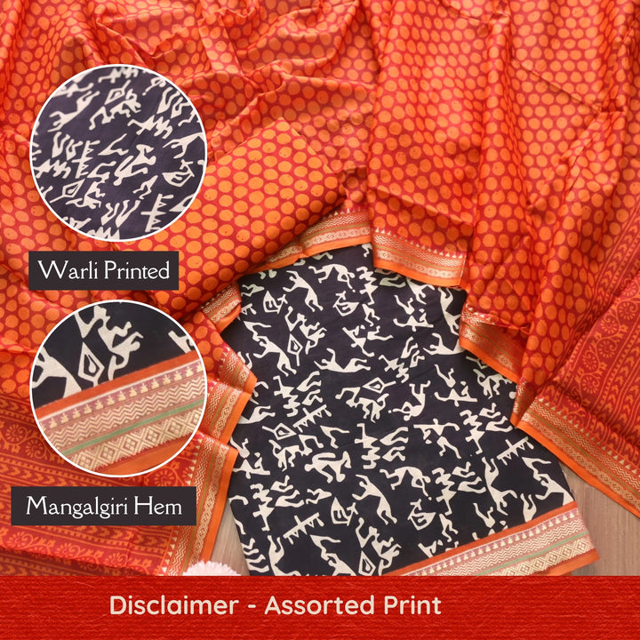 Zinat Ebony Black  Warli Printed in Mangalgiri Hem Work Cotton Suit Set-D1