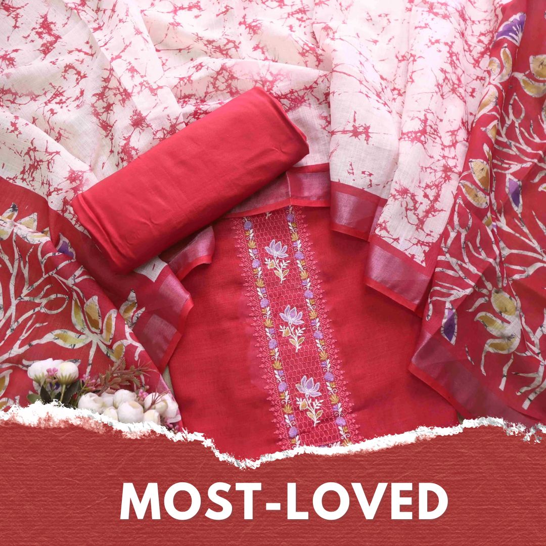 Noorani Cherry Red Thread Embroidered Neck Work Cotton linen suit Set